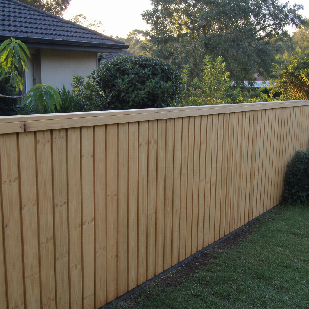 Freshly installed treated pine timber paling fence
